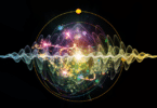 Ondas de energia colorida em frente a uma esfera