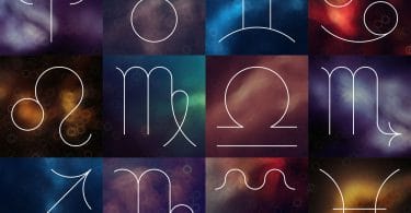 Símbolos dos signos do zodíaco, cada um em um quadrado com um fundo colorido.