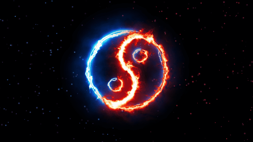 Símbolo Yin Yang representados pelo fogo azul e vermelho