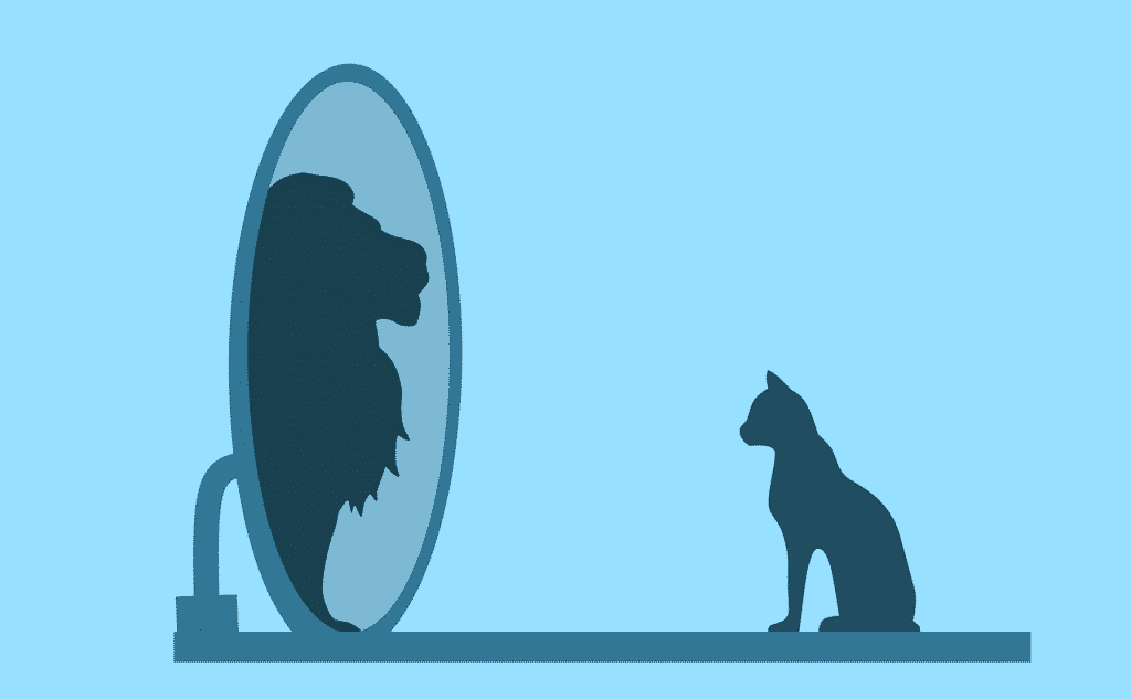 Ilustração de gato olhando-se no espelho e vendo leão.