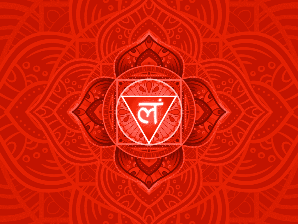 Ilustração do símbolo do chakra Muladhara. É uma mandala vermelha.