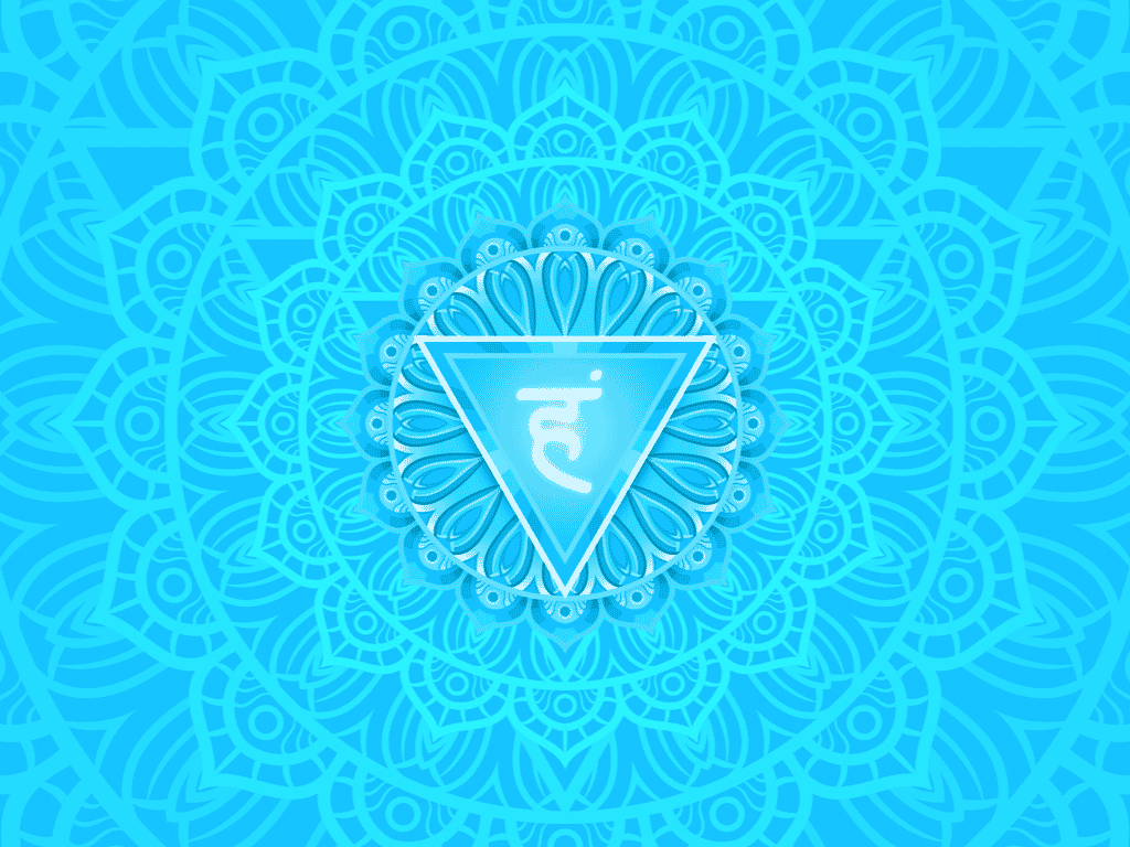 Ilustração do símbolo do chakra Visuddha. É uma mandala azul clara.