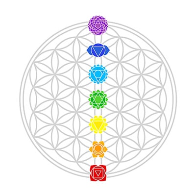 Os sete chakras alinhados no centro da Flor da Vida.