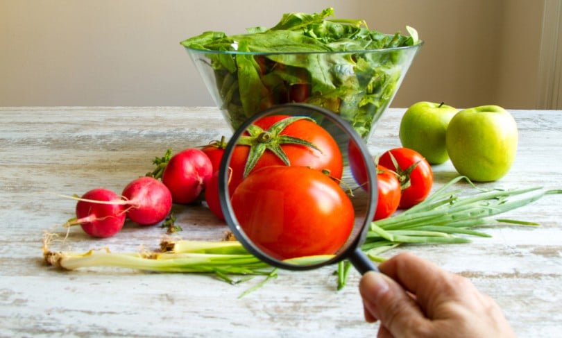 Legumes e verduras com lupa.