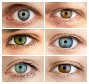 Seis olhos de cores e pessoas diferentes.