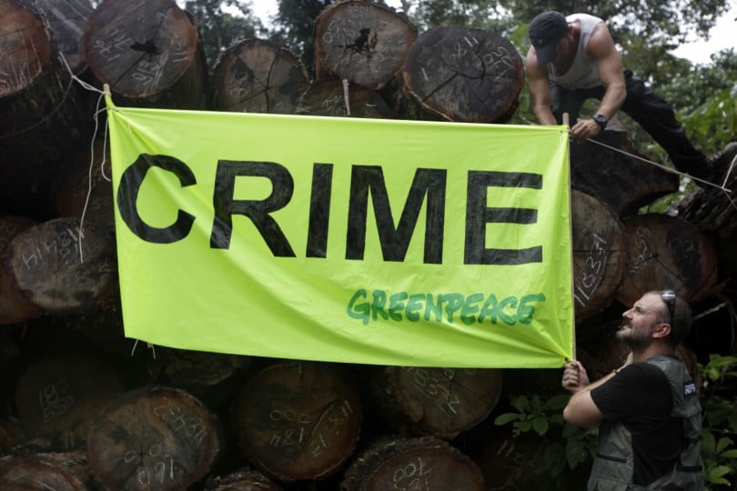 Ativistas do Greenpeace penduram uma faixa sobre toras de madeira em local próximo à Santarém (PA). A madeireira fica dentro de um assentamento, que sofre pressão para que tenha sua área reduzida e destinada para grileiros. O corte predatório e de madeira ainda é um grave vetor de destruição da Amazônia. A implementação de programas governamentais para promover o manejo sustentável da floresta na região carece de investimentos.