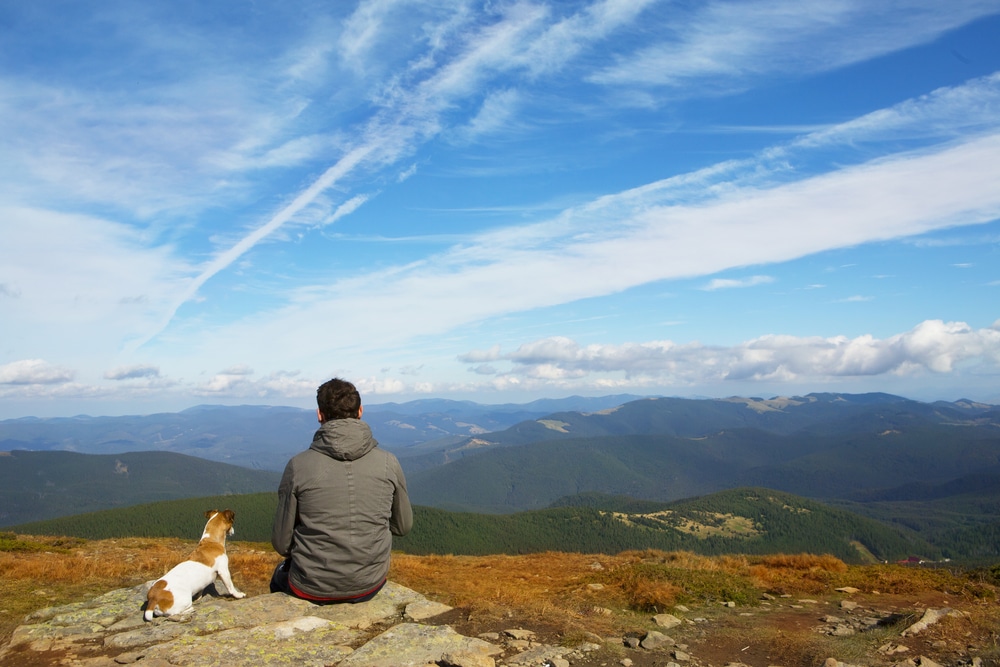 Homem e cachorro em cima de uma montanha