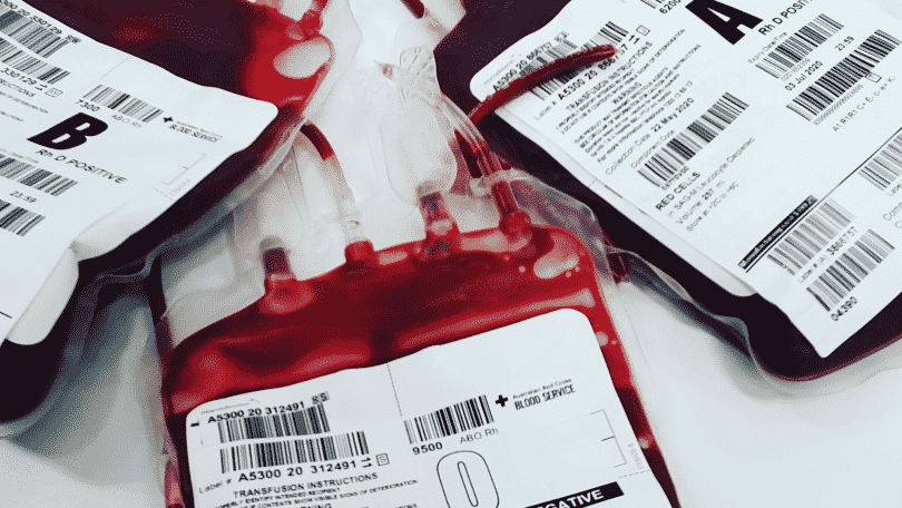 bolsas de sangue com o tipo sanguíneo escrito nelas