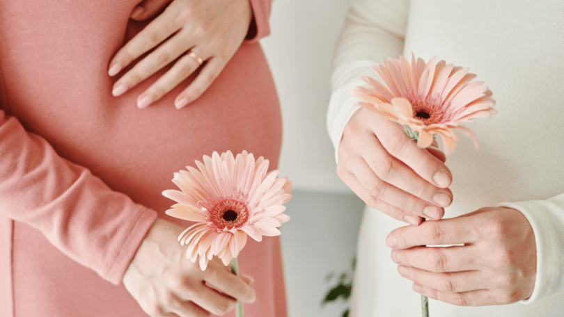 Mulher grávida segurando uma margarida rosa.