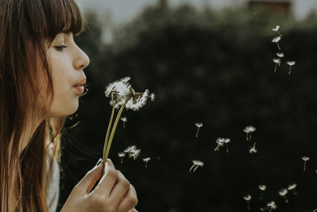 Mulher assoprando flor dente de leão em um jardim