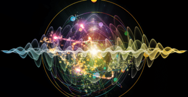 Ondas de energia colorida em frente a uma esfera