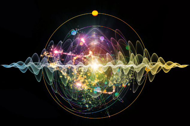 Ondas de energia colorida em frente a uma esfera