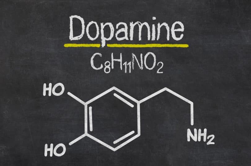 Quadro negro com a fórmula química da dopamina.