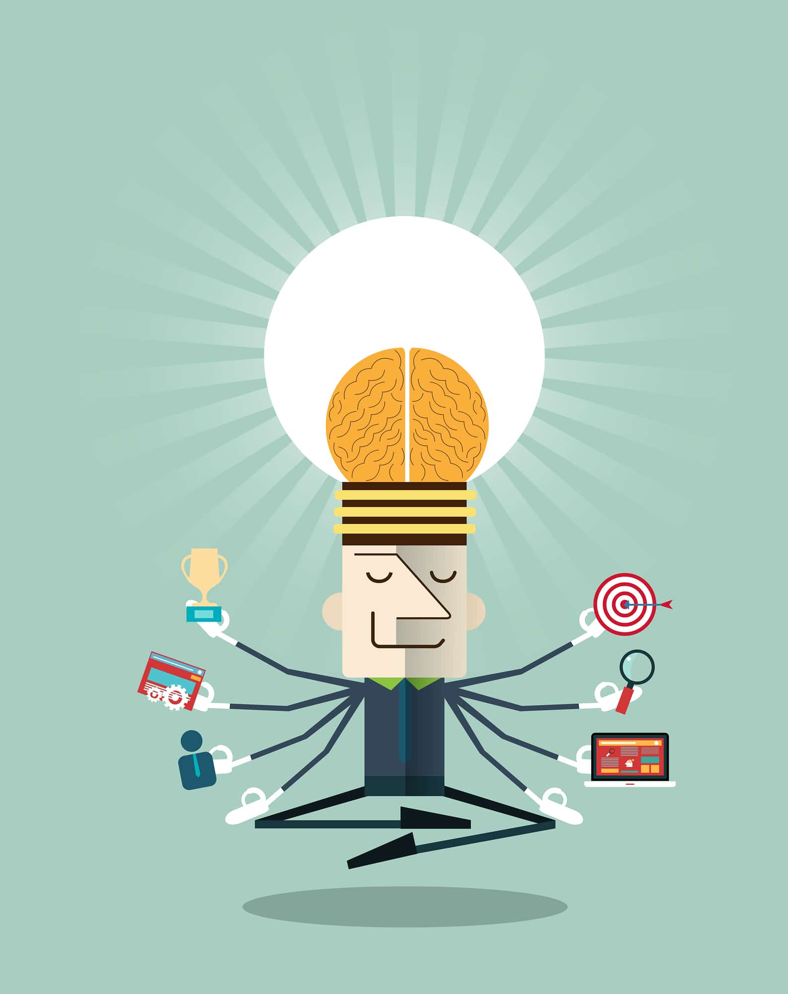 Illustration of businessman meditating with multitasking.Human resources and self-development concepts - vector illustration
