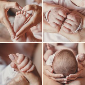 Close up of the hands and feet of the child,collage