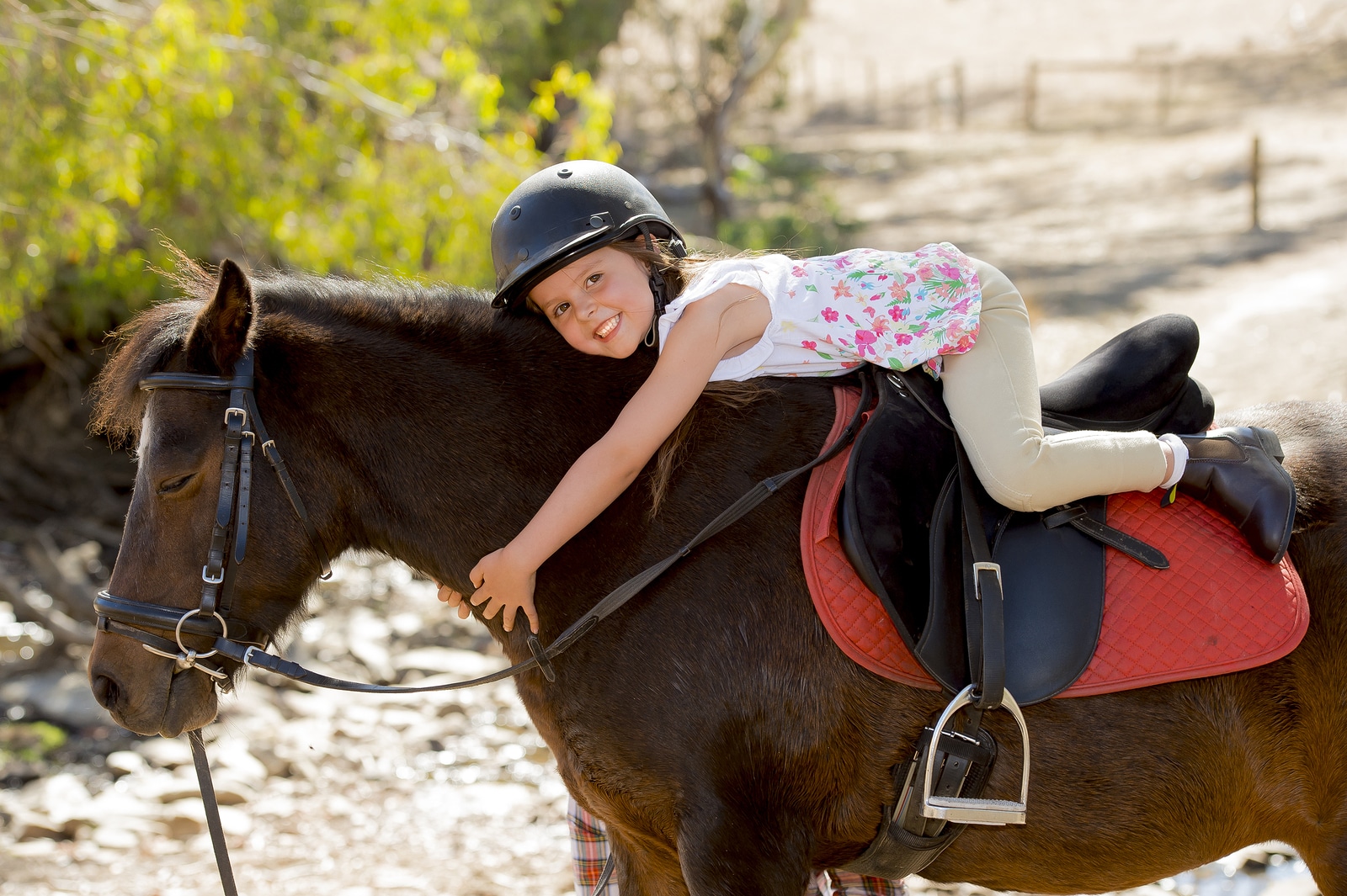 sweet beautiful young girl 7 or 8 years old riding pony horse hugging and smiling happy wearing safety jockey helmet posing outdoors on countryside in summer holiday