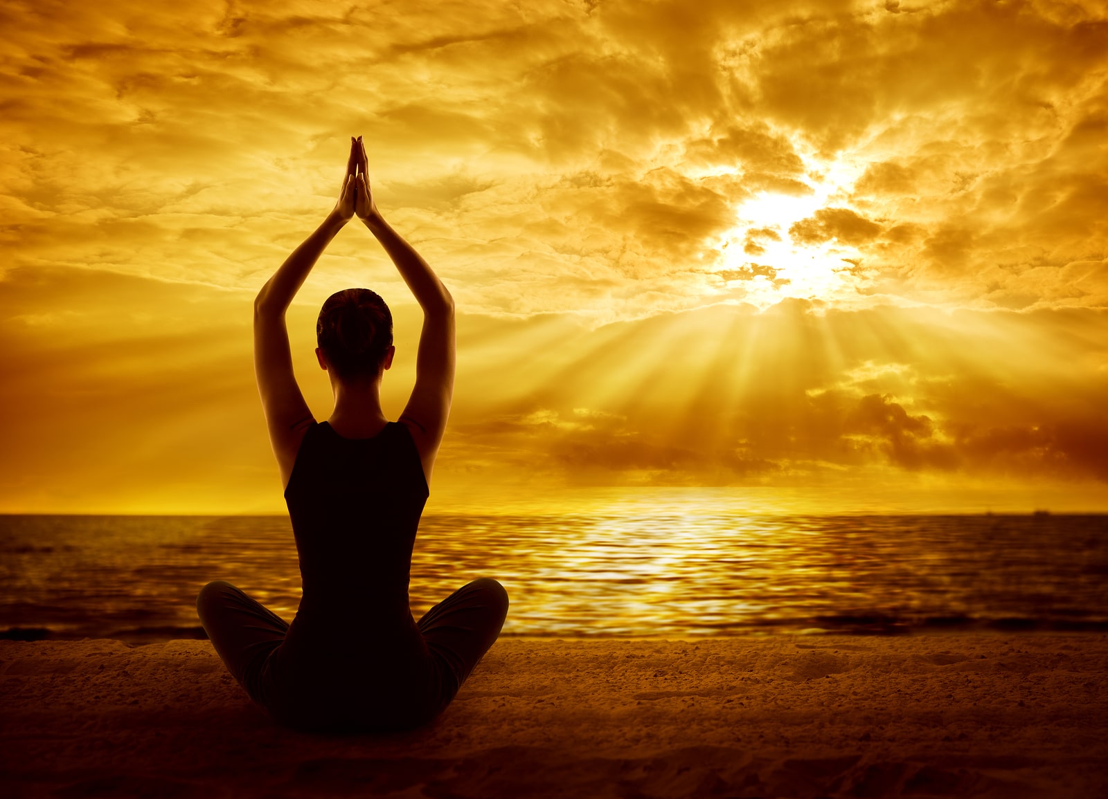 Yoga Meditation Concept, Woman Silhouette Meditating In Healthy