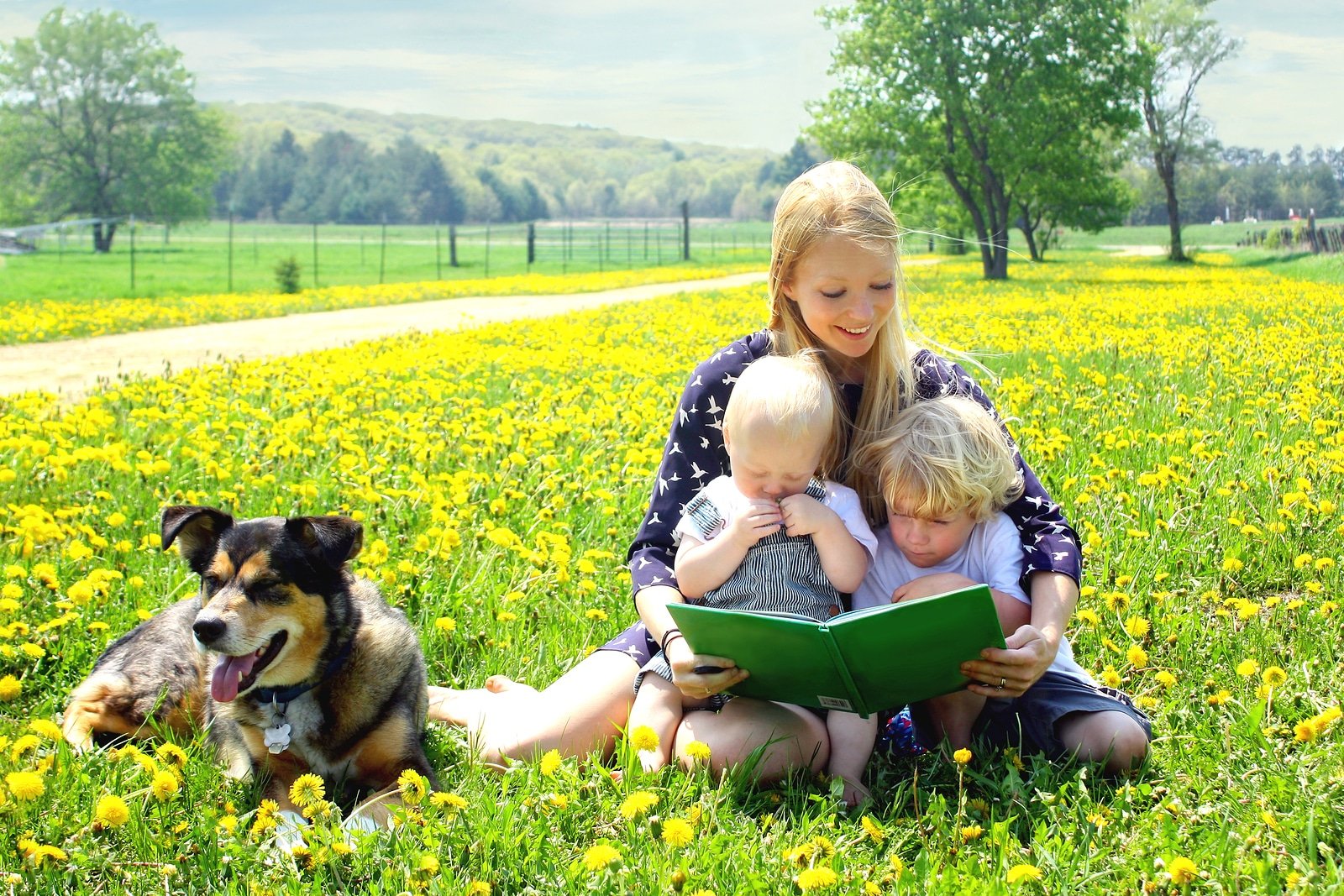 Mother Reading Book To Children Outside