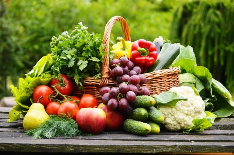 Vegetais e frutas em cesta sobre superfície de madeira escura. O cenário é externo e arborizado.