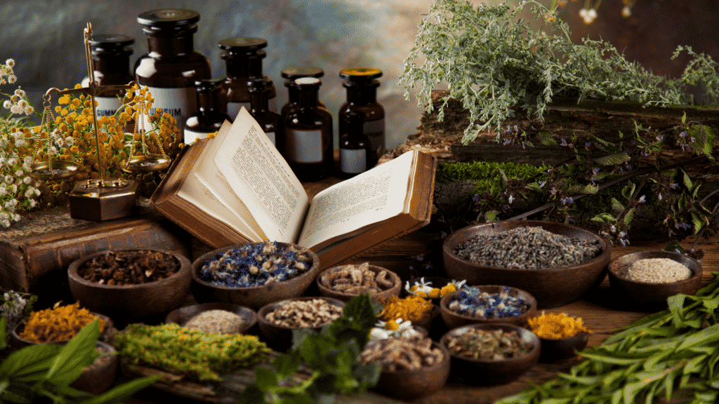 Ervas medicinais em cima da mesa junto de um livro aberto