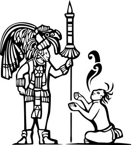 Traditional Black and White Mayan Mural image of a Mayan Warrior and a captive with speech scrolls.