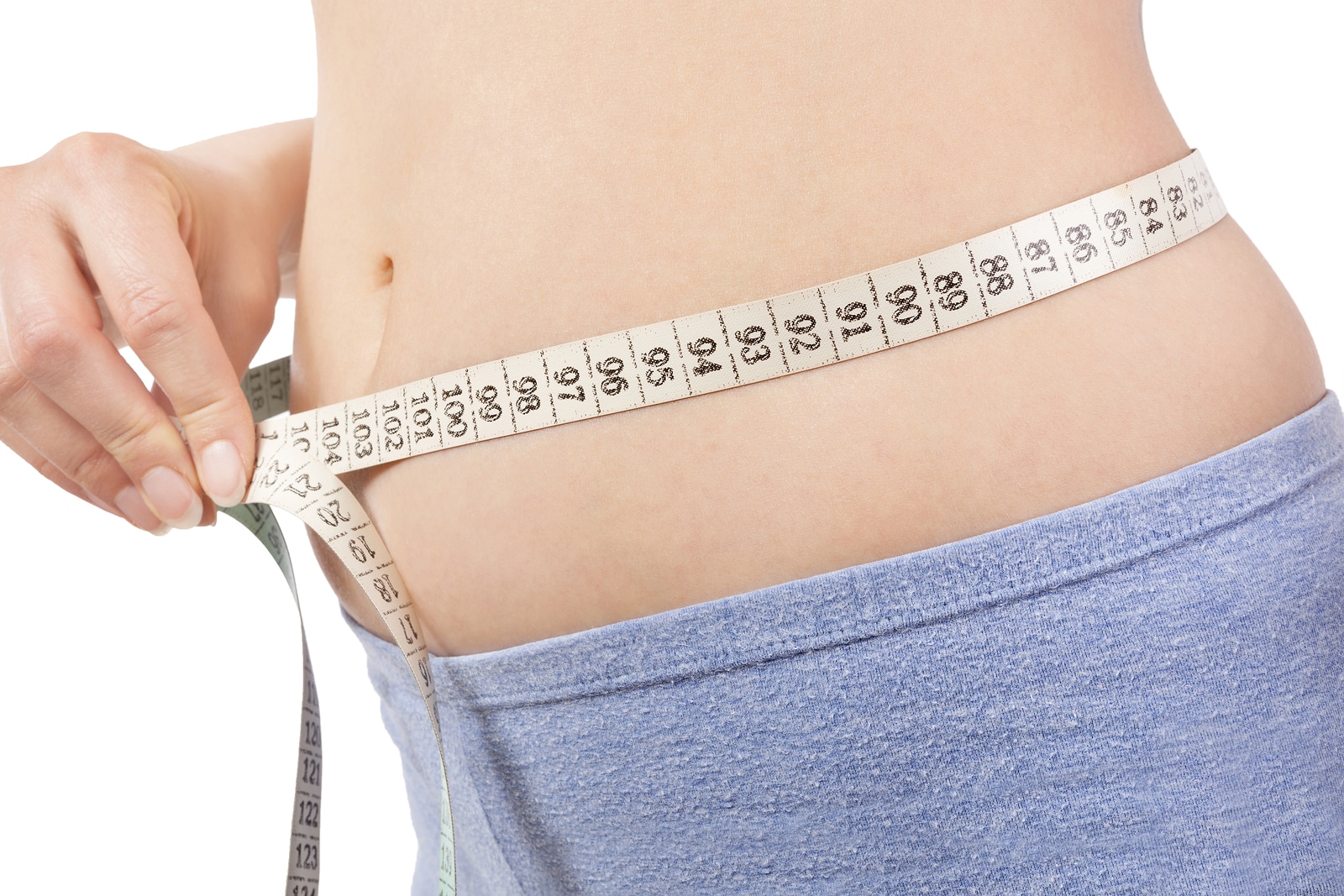 Girl in panties measuring her body with tape measure detail isolaled on white. Belly detail. Weight loss and diet.