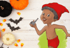 Ilustração do Saci Pererê ao lado de abóboras de decorações de Halloween.