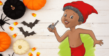 Ilustração do Saci Pererê ao lado de abóboras de decorações de Halloween.