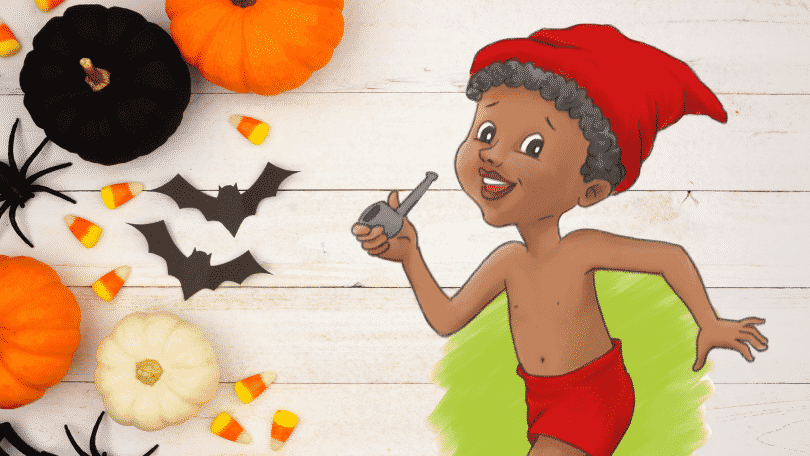 Ilustração do Saci Pererê ao lado de abóboras de decorações de Halloween.