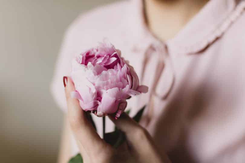 Mulher serandando uma rosa