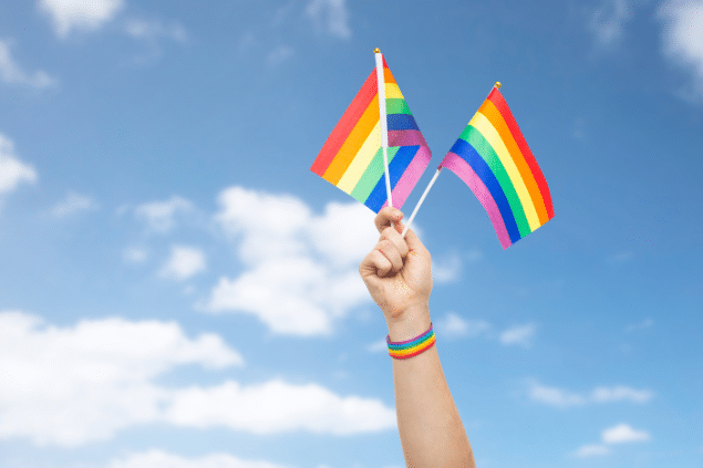 Bandeira LGBTQIAP+ levantada por uma mão