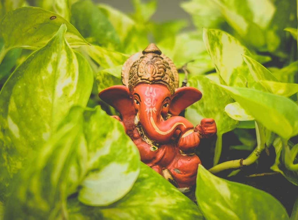 Escultura da Ganesha em meio a uma planta
