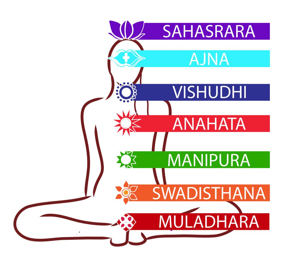 Silhueta de um corpo humano com as indicações de cada chakra