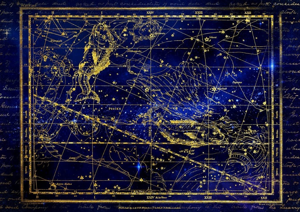Signo do Zodíaco de Peixes com um céu estrelado ao fundo.
