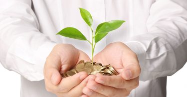 Mãos juntas segurando um punhado de moedas com uma muda de planta.