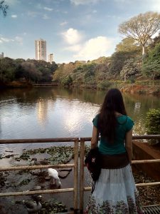 Na imagem há uma mulher com cabelos compridos e castanhos, ela está de costas vestindo uma camiseta verde com mangas e uma saia longa branca e marrom com detalhes de flores na ponta da saia. Ela está olhando para um lago com patos nas bordas, rodeado de árvores e o céu está limpo, azul e com algumas nuvens.