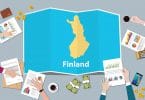 Desenho de uma mesa de reunião com diversas mãos e documentos cercando o mapa da Finlândia.