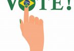 Desenho de uma mão apertando a palavra voto pintada com a bandeira do brasil.