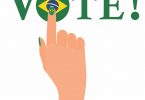 Desenho de uma mão apertando a palavra voto pintada com a bandeira do brasil.