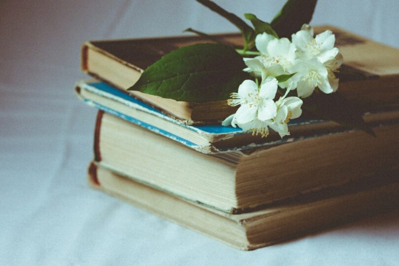 Quatro livros um em cima do outro e uma flor branca acima da pila de livros.