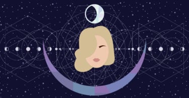 Ilustração de menina branca e loira em um fundo roxo com desenhos de estrelas, constelações e fases da lua.