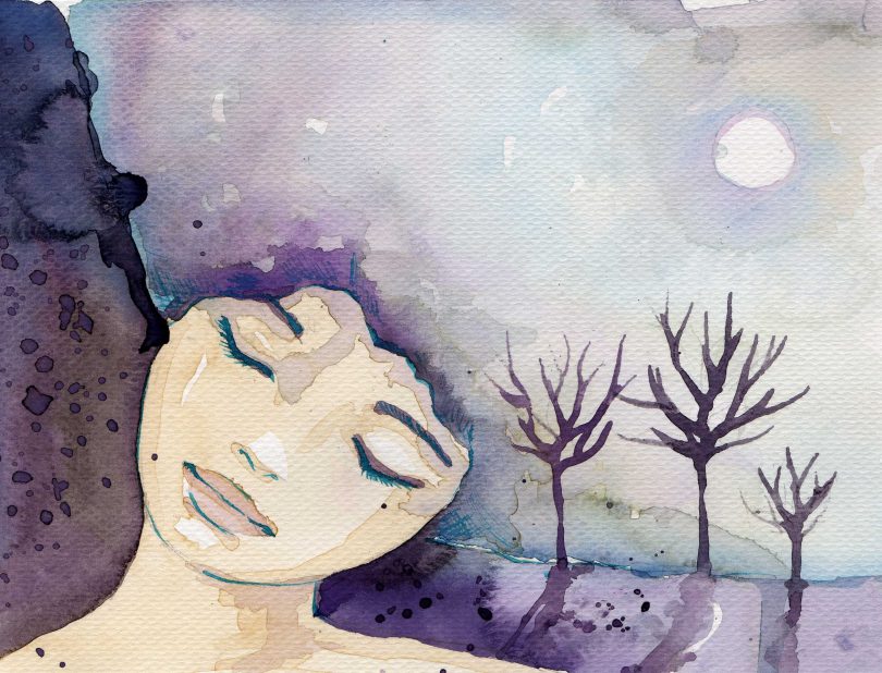 Desenho abstrato de uma menina com os olhos fechados sonhando com uma paisagem.