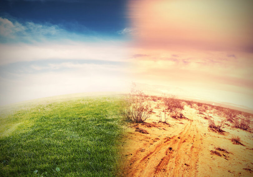 Imagem de terra dividida ao meio, metade com grama verde e céu azul, e outra metade com terra seca e céu laranja.