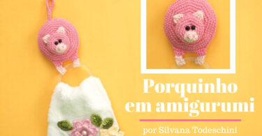 Banner com informações sobre o Porta pano de prato - Porquinho em amigurumi.