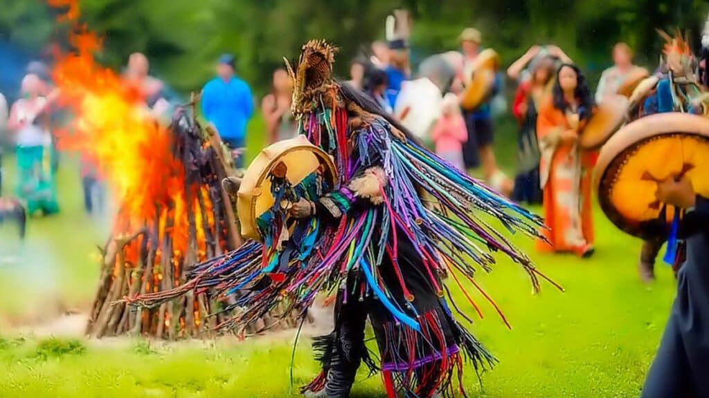 Imagem de um ritual xamânico. Uma pessoa veste penas coloridas e também bate um grande tambor.
