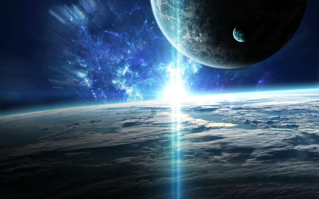 Ilustração da vista espacial de 3 planetas azuis into em direção à uma nebulosa