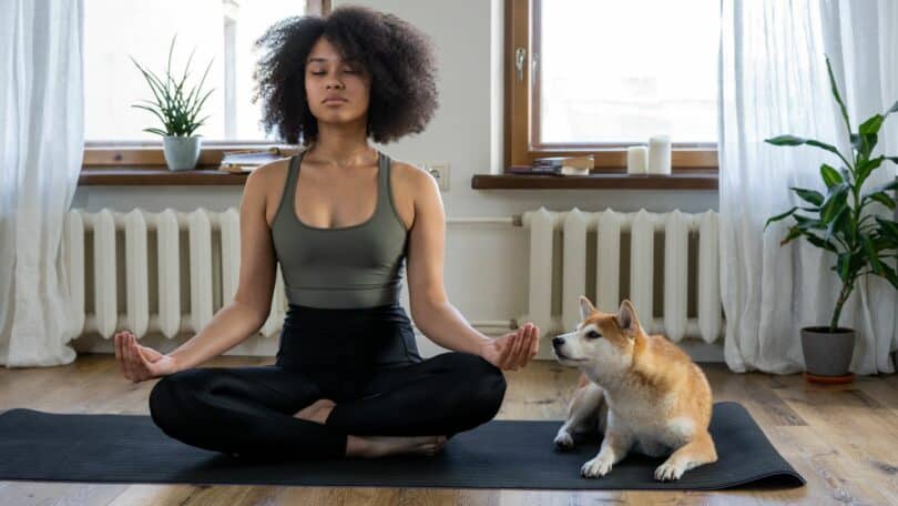 Imagem de uma mulher meditando ao lado do seu cão