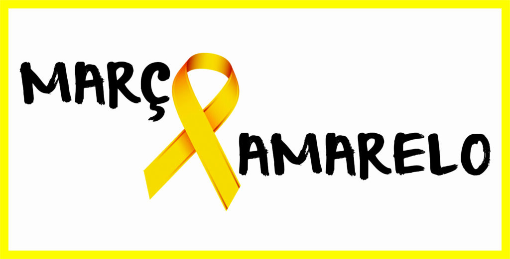 Laço amarelo com frase "Março Amarelo" ao lado.