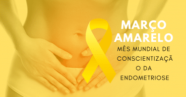 Mulher com as mãos na região abdominal baixa com fundo amarelo. Mês Mundial da Conscientização da Endometriose.
