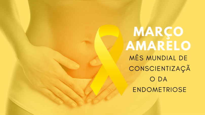 Mulher com as mãos na região abdominal baixa com fundo amarelo. Mês Mundial da Conscientização da Endometriose.